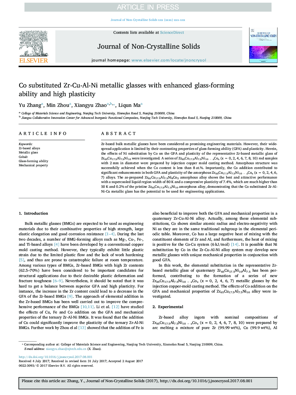 Co substituted Zr-Cu-Al-Ni metallic glasses with enhanced glass-forming ability and high plasticity