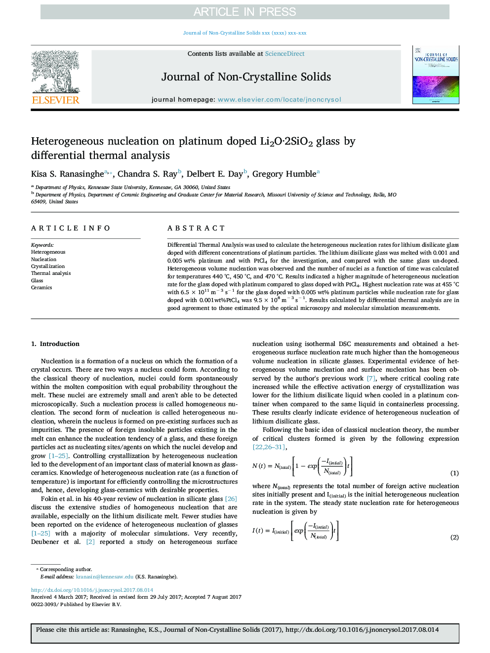 Heterogeneous nucleation on platinum doped Li2OÂ·2SiO2 glass by differential thermal analysis