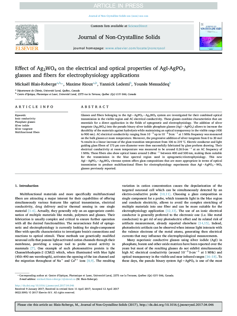 Effect of Ag2WO4 on the electrical and optical properties of AgI-AgPO3 glasses and fibers for electrophysiology applications