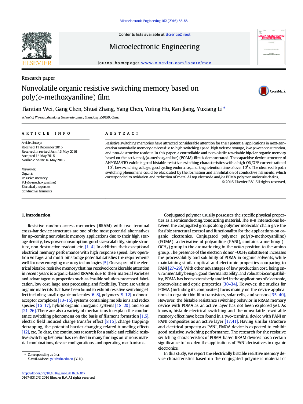 Nonvolatile organic resistive switching memory based on poly(o-methoxyaniline) film