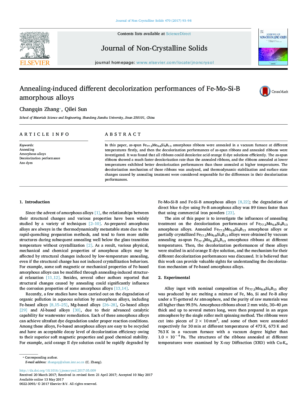 Annealing-induced different decolorization performances of Fe-Mo-Si-B amorphous alloys