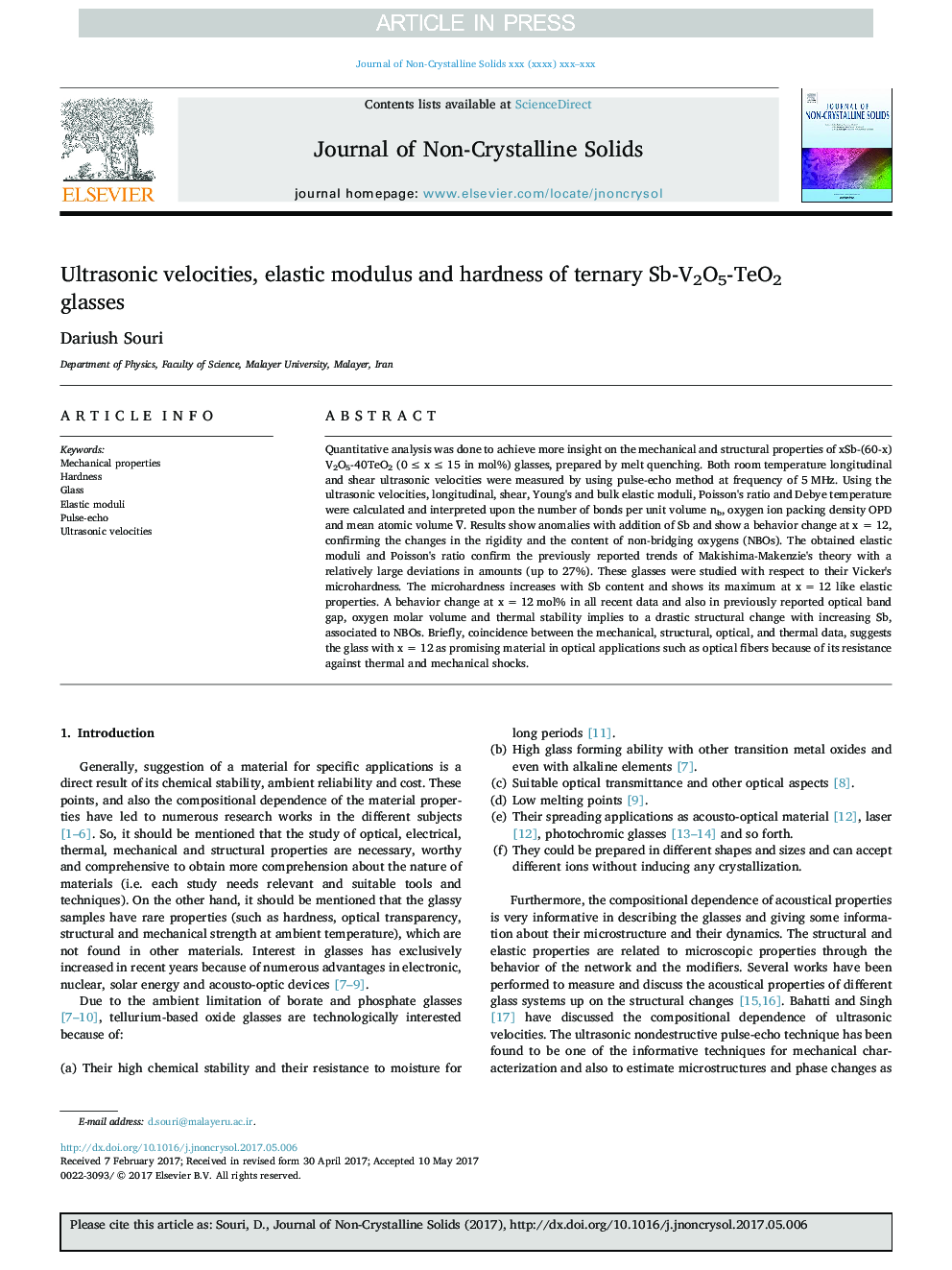 Ultrasonic velocities, elastic modulus and hardness of ternary Sb-V2O5-TeO2 glasses