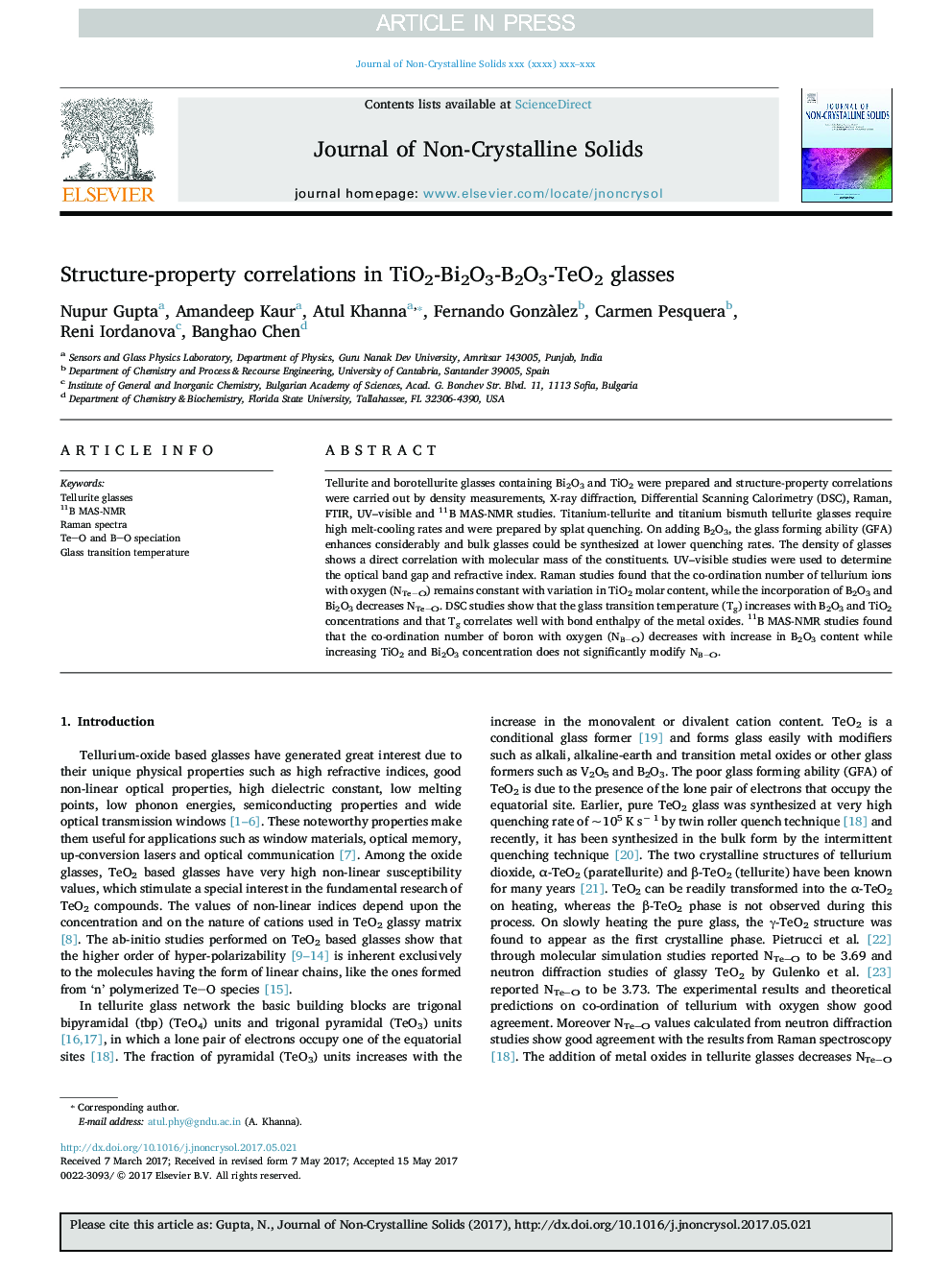 Structure-property correlations in TiO2-Bi2O3-B2O3-TeO2 glasses