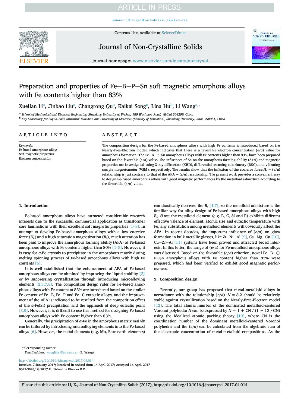 Preparation and properties of FeBPSn soft magnetic amorphous alloys with Fe contents higher than 83%