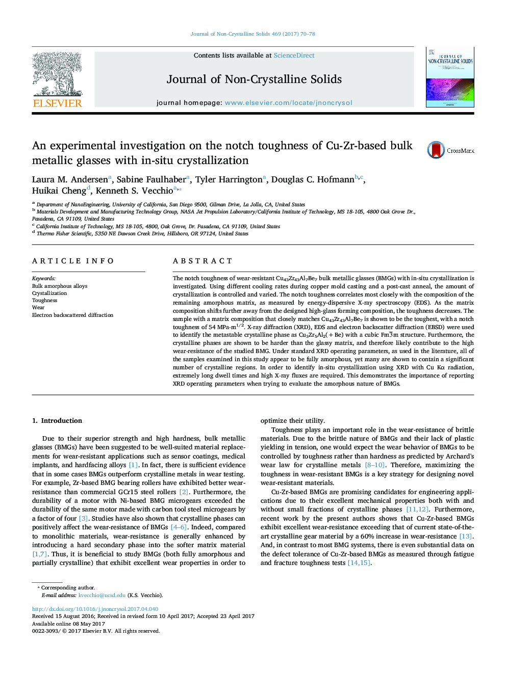 An experimental investigation on the notch toughness of Cu-Zr-based bulk metallic glasses with in-situ crystallization