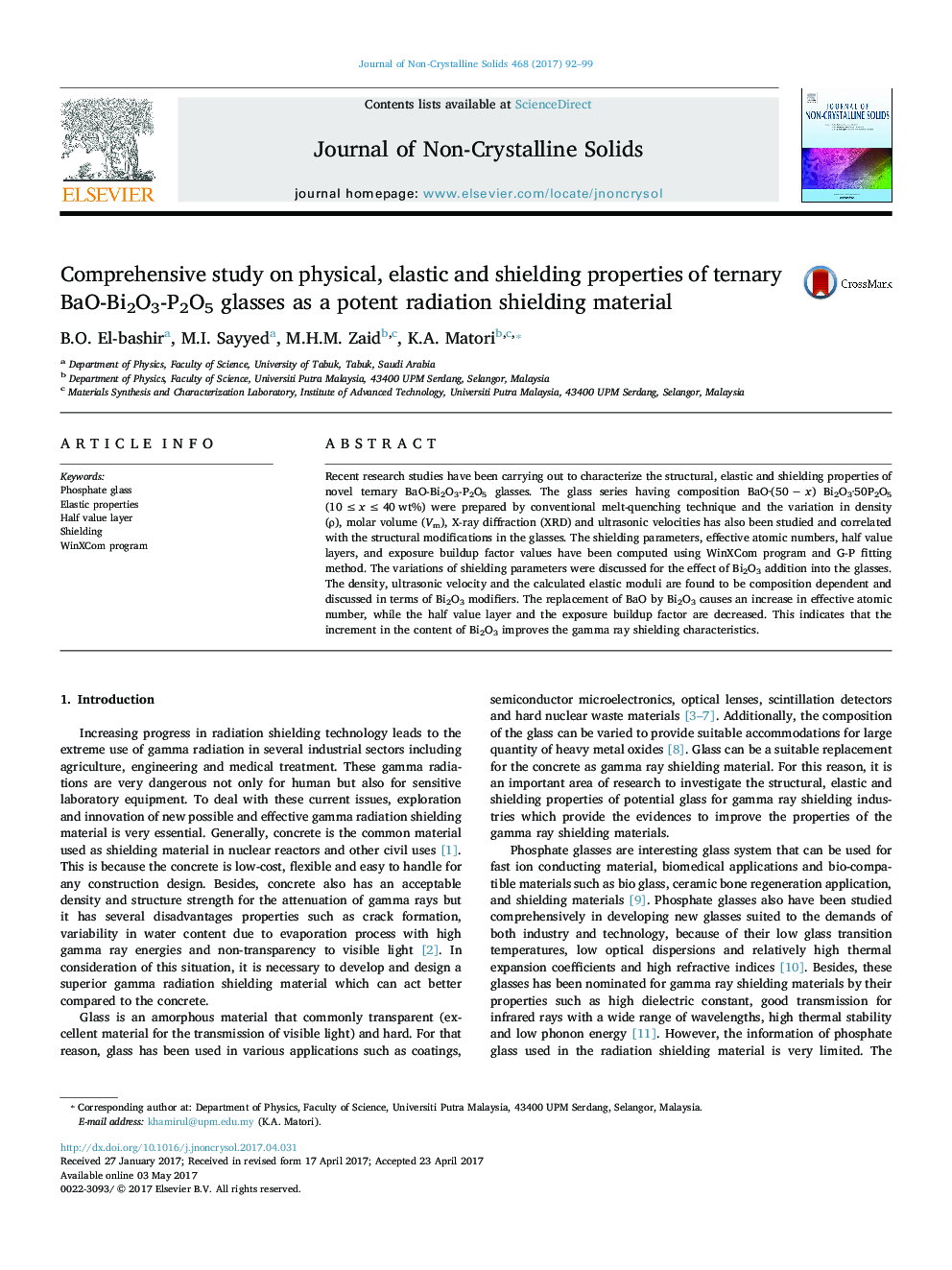 Comprehensive study on physical, elastic and shielding properties of ternary BaO-Bi2O3-P2O5 glasses as a potent radiation shielding material