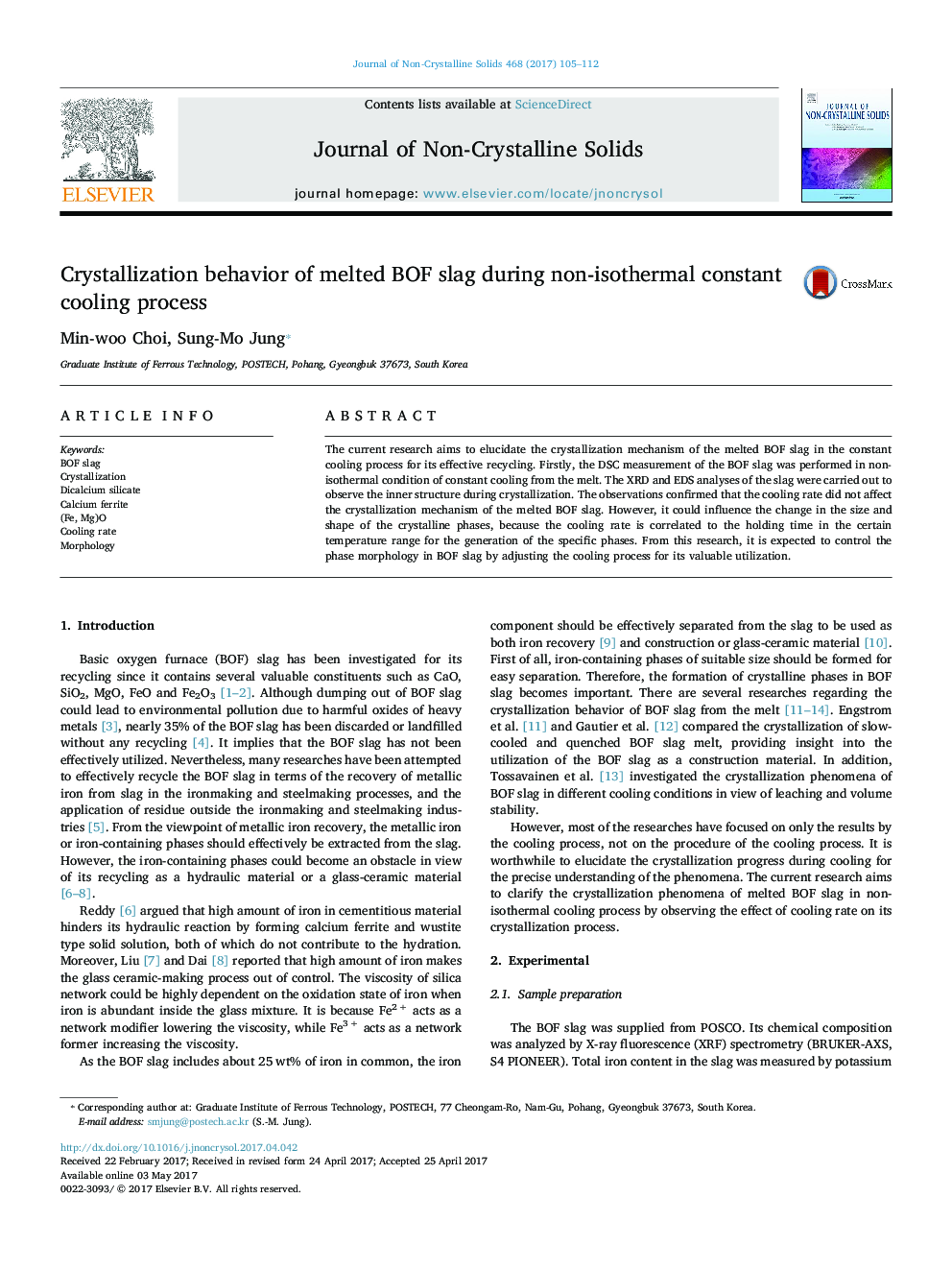 Crystallization behavior of melted BOF slag during non-isothermal constant cooling process