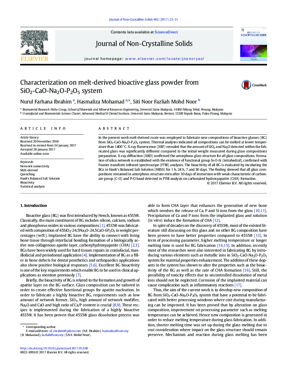 Characterization on melt-derived bioactive glass powder from SiO2-CaO-Na2O-P2O5 system