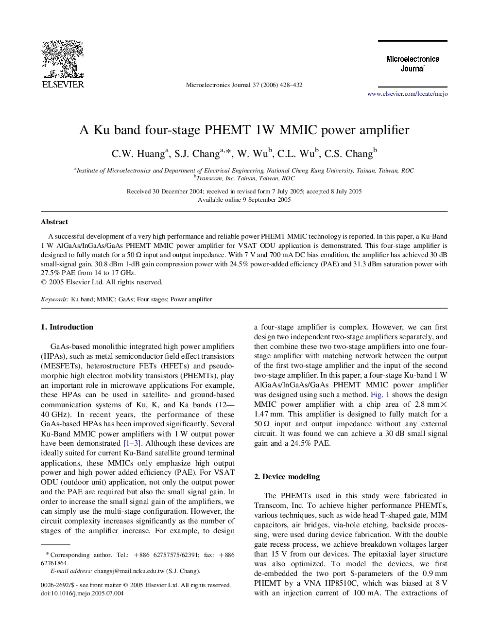 A Ku band four-stage PHEMT 1W MMIC power amplifier