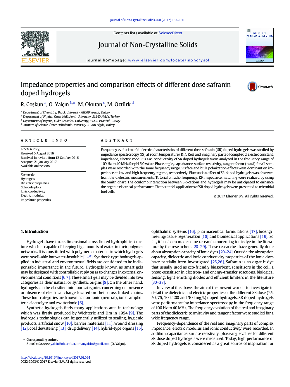 Impedance properties and comparison effects of different dose safranin doped hydrogels