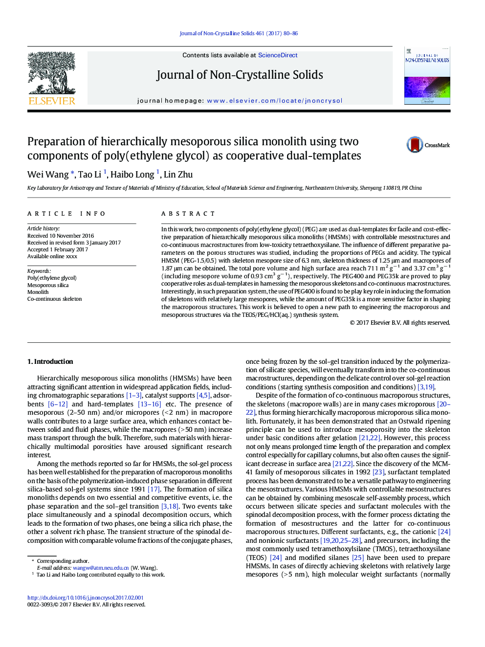 Preparation of hierarchically mesoporous silica monolith using two components of poly(ethylene glycol) as cooperative dual-templates