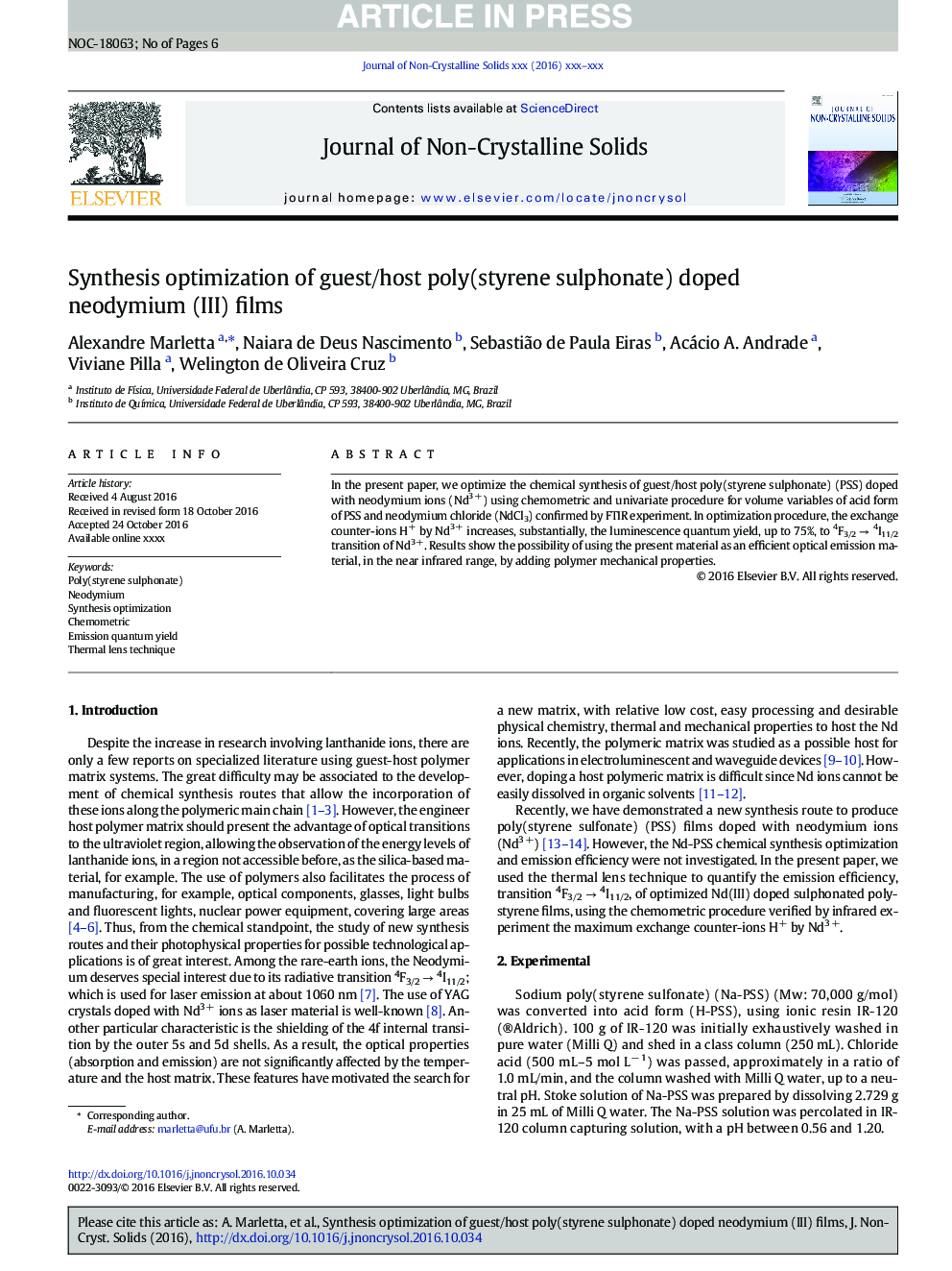 عکس صفحه اول مقاله: Synthesis optimization of guest/host poly(styrene sulphonate) doped neodymium (III) films Synthesis optimization of guest/host poly(styrene sulphonate) doped neodymium (III) films