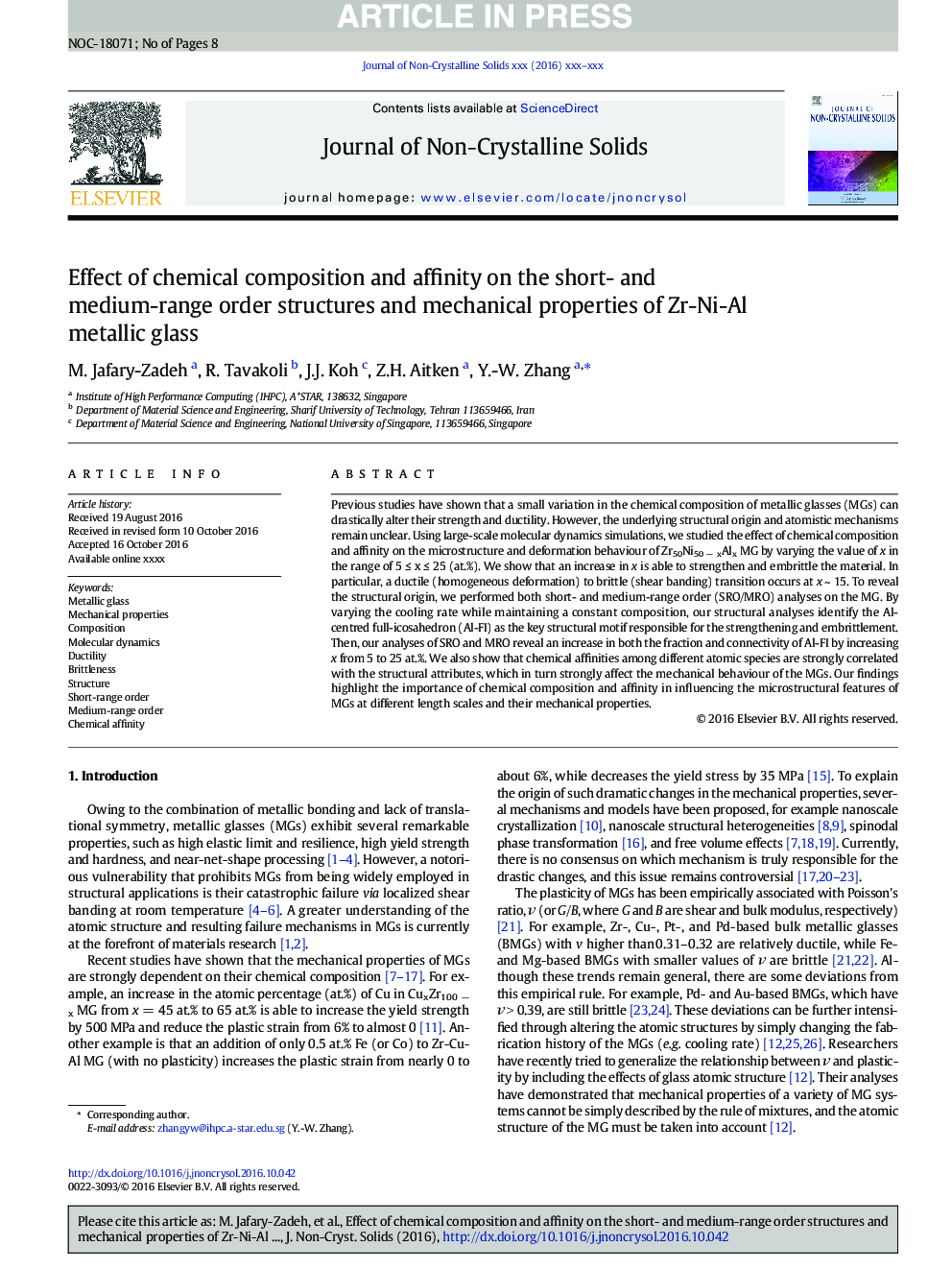 Effect of chemical composition and affinity on the short- and medium-range order structures and mechanical properties of Zr-Ni-Al metallic glass