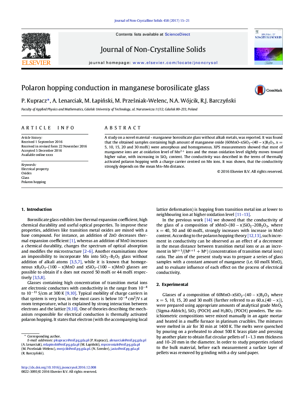 Polaron hopping conduction in manganese borosilicate glass