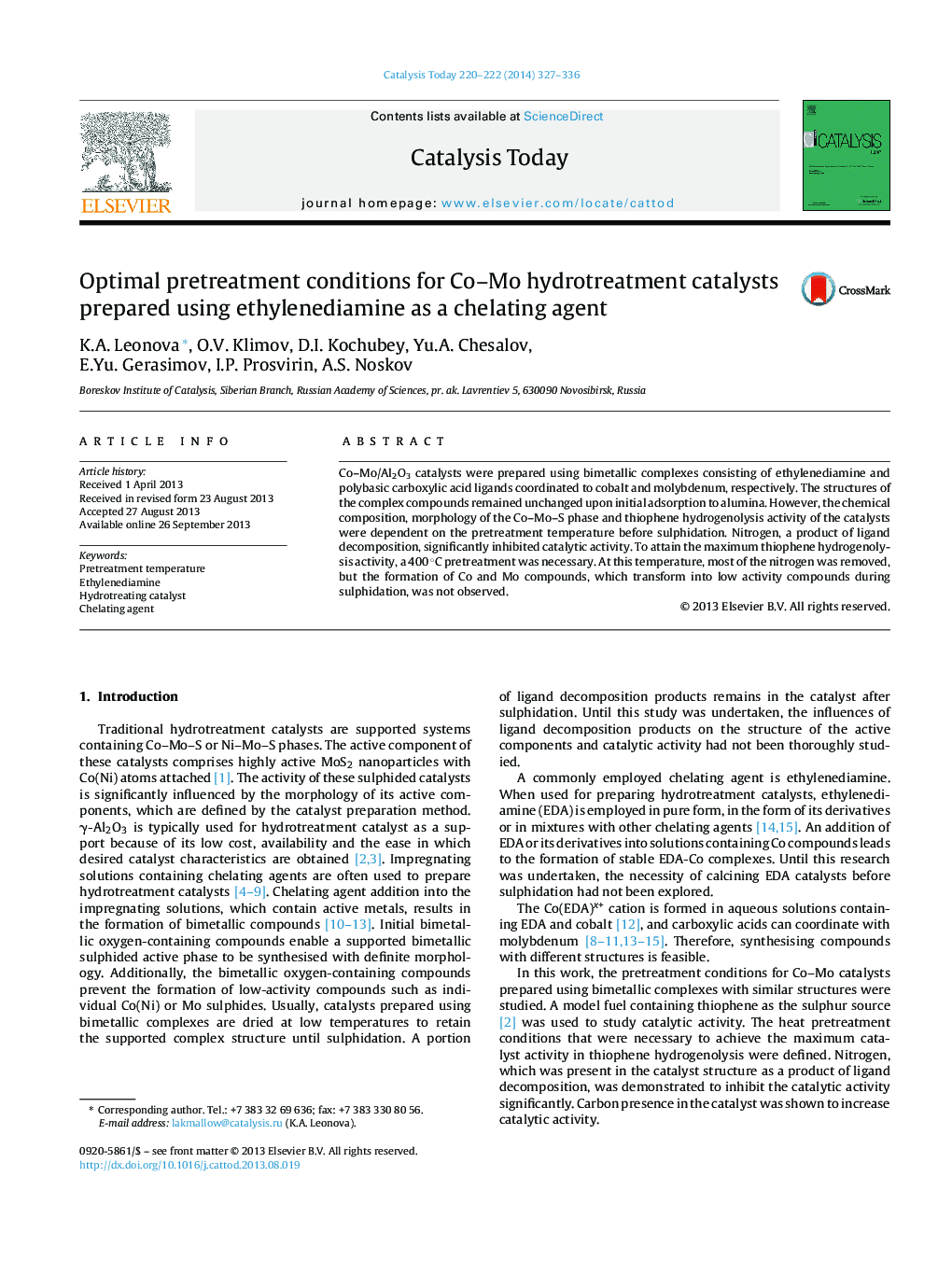 Optimal pretreatment conditions for Co–Mo hydrotreatment catalysts prepared using ethylenediamine as a chelating agent