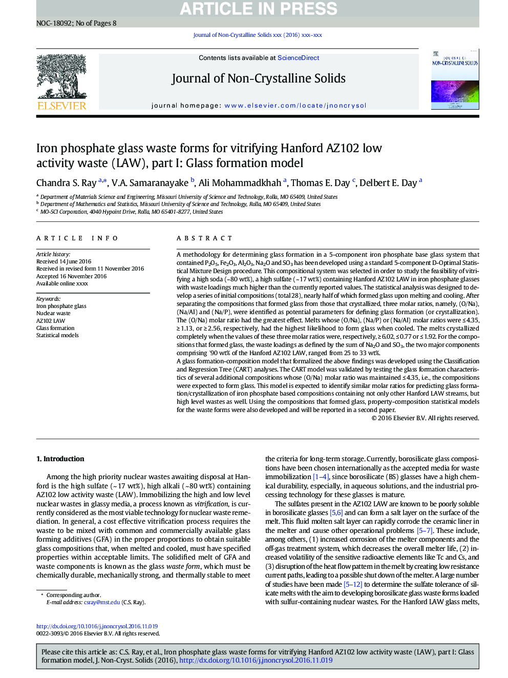 Iron phosphate glass waste forms for vitrifying Hanford AZ102 low activity waste (LAW), part I: Glass formation model