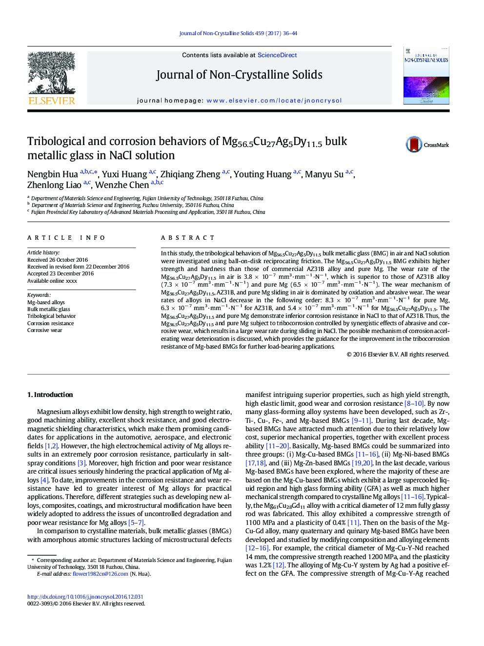 Tribological and corrosion behaviors of Mg56.5Cu27Ag5Dy11.5 bulk metallic glass in NaCl solution