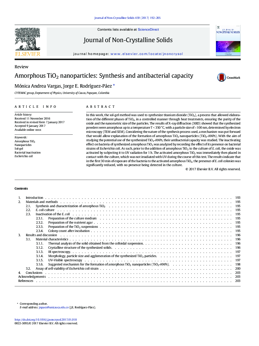 Amorphous TiO2 nanoparticles: Synthesis and antibacterial capacity