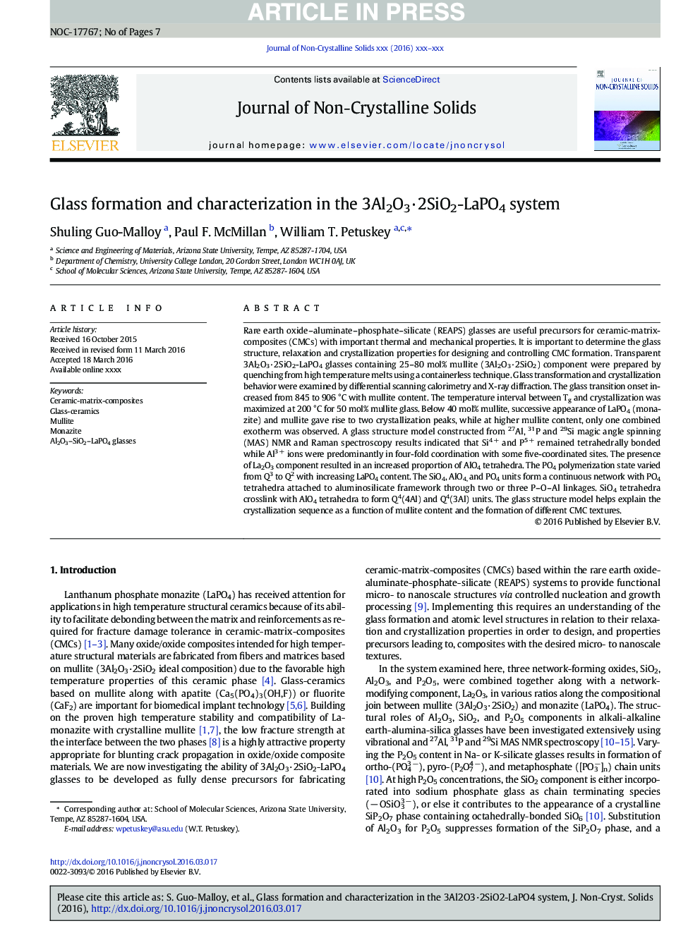 Glass formation and characterization in the 3Al2O3Â·2SiO2-LaPO4 system
