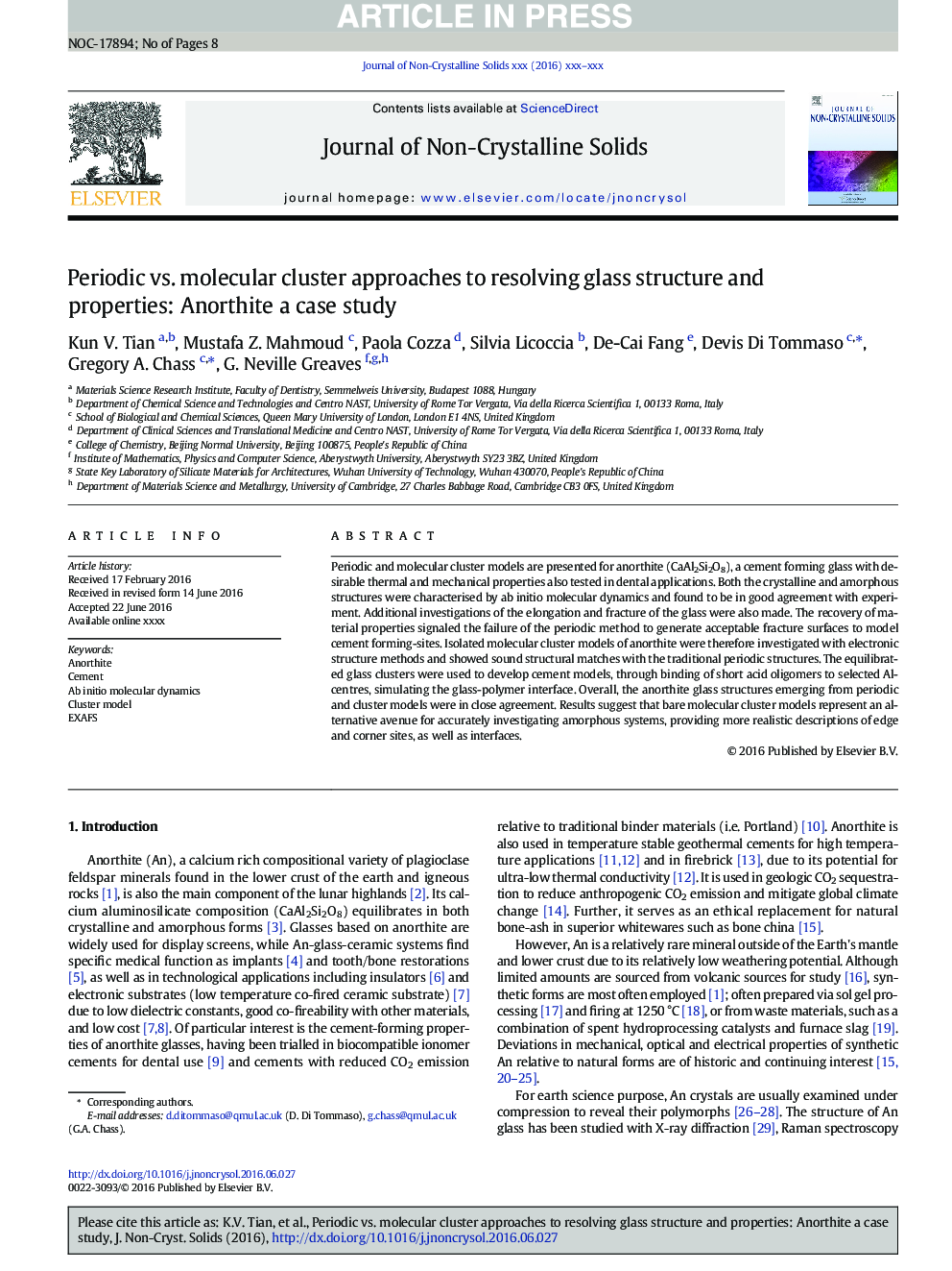 Periodic vs. molecular cluster approaches to resolving glass structure and properties: Anorthite a case study