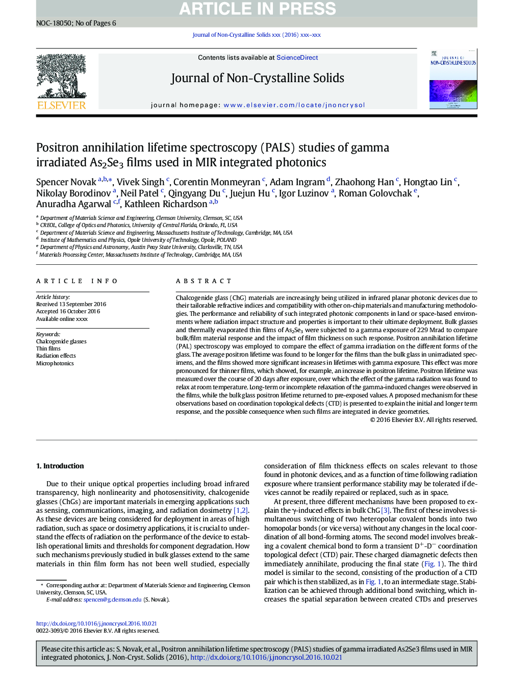 Positron annihilation lifetime spectroscopy (PALS) studies of gamma irradiated As2Se3 films used in MIR integrated photonics