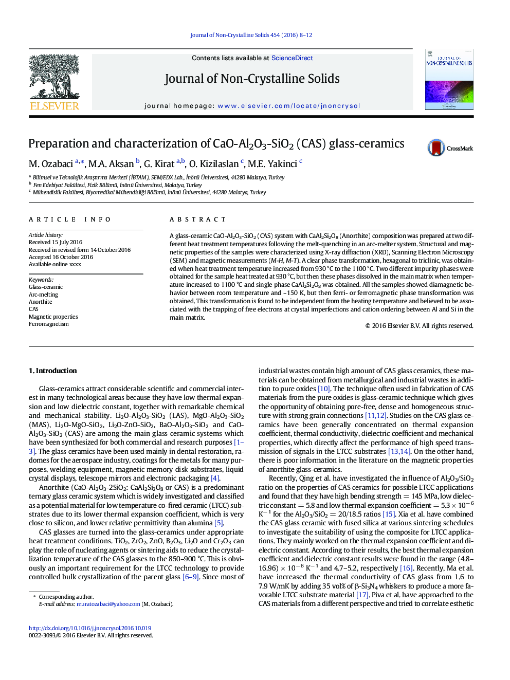 Preparation and characterization of CaO-Al2O3-SiO2 (CAS) glass-ceramics