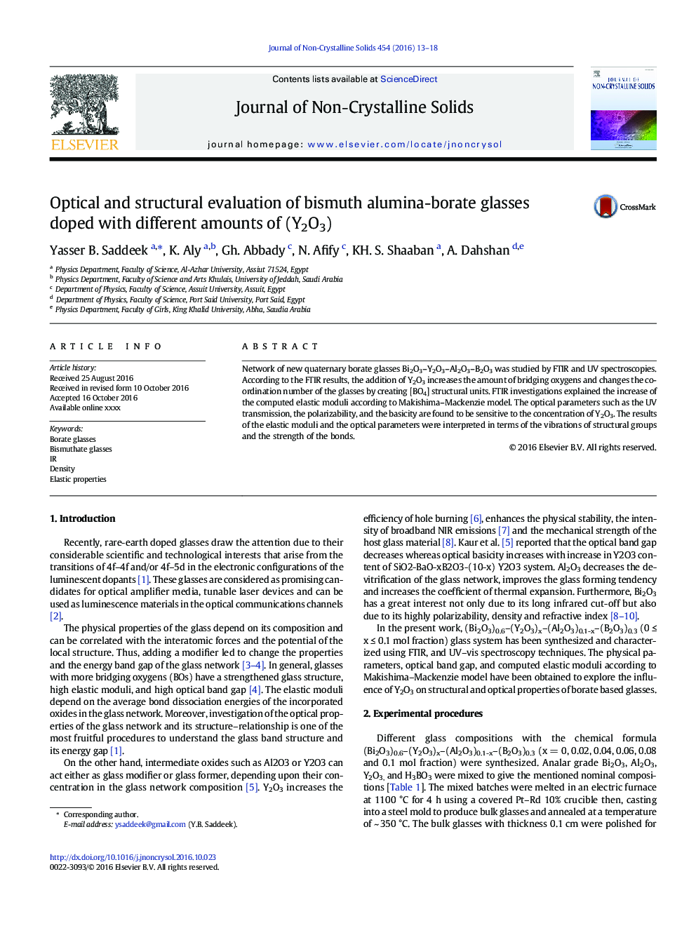 Optical and structural evaluation of bismuth alumina-borate glasses doped with different amounts of (Y2O3)