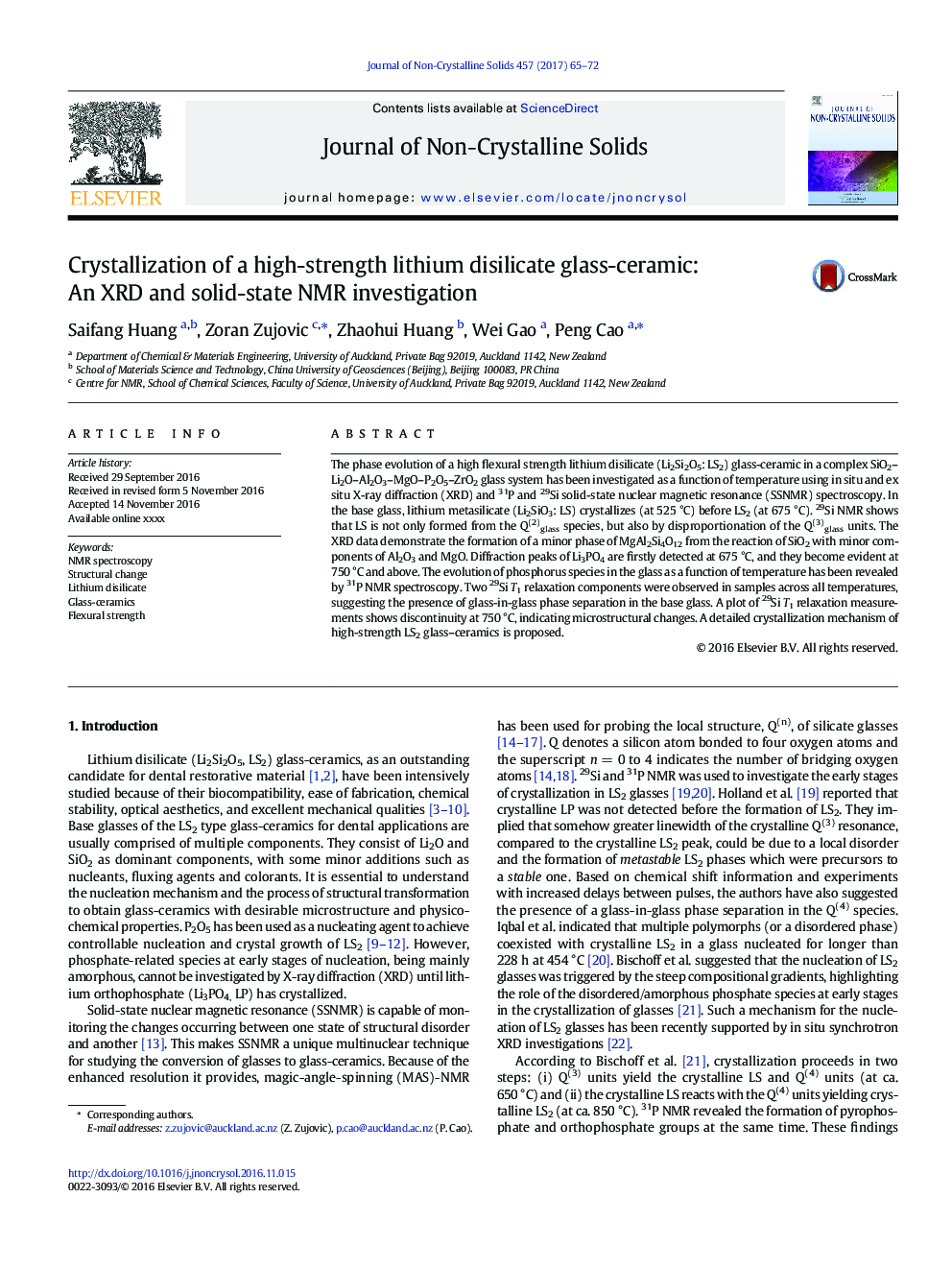 Crystallization of a high-strength lithium disilicate glass-ceramic: An XRD and solid-state NMR investigation