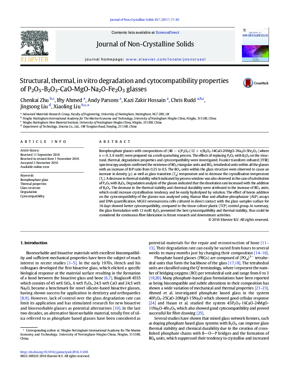 عکس صفحه اول مقاله: Structural, thermal, in vitro degradation and cytocompatibility properties of P2O5-B2O3-CaO-MgO-Na2O-Fe2O3 glasses Structural, thermal, in vitro degradation and cytocompatibility properties of P2O5-B2O3-CaO-MgO-Na2O-Fe2O3 glasses