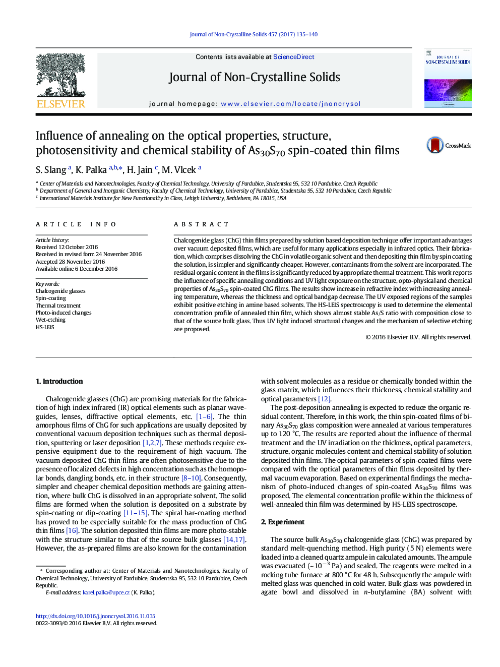 Influence of annealing on the optical properties, structure, photosensitivity and chemical stability of As30S70 spin-coated thin films