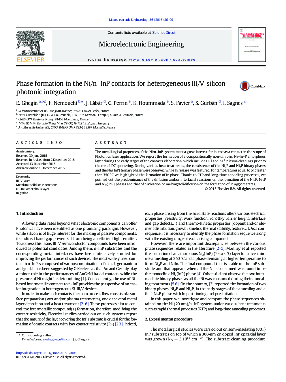 Phase formation in the Ni/n–InP contacts for heterogeneous III/V-silicon photonic integration