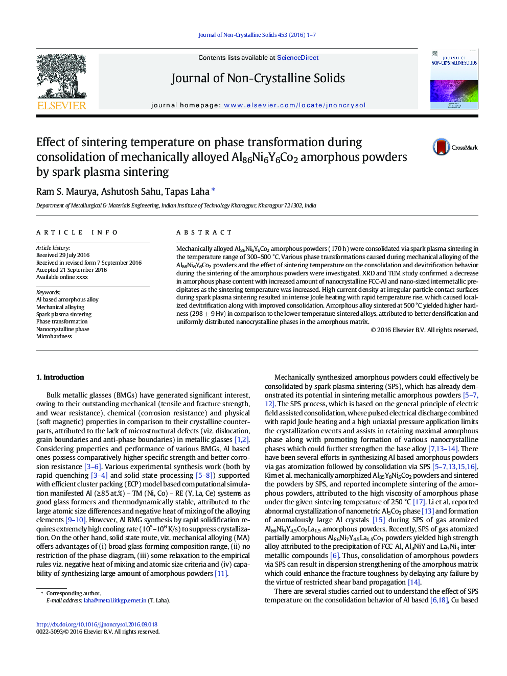 عکس صفحه اول مقاله: Effect of sintering temperature on phase transformation during consolidation of mechanically alloyed Al86Ni6Y6Co2 amorphous powders by spark plasma sintering Effect of sintering temperature on phase transformation during consolidation of mechanically alloyed Al86Ni6Y6Co2 amorphous powders by spark plasma sintering
