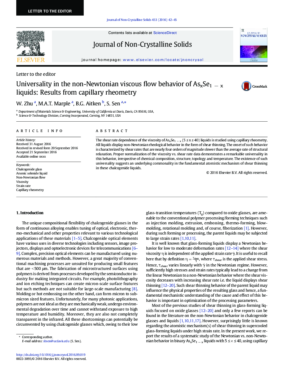 Universality in the non-Newtonian viscous flow behavior of AsxSe1Â âÂ x liquids: Results from capillary rheometry