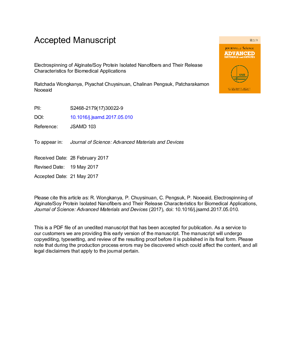 Electrospinning of alginate/soy protein isolated nanofibers and their release characteristics for biomedical applications