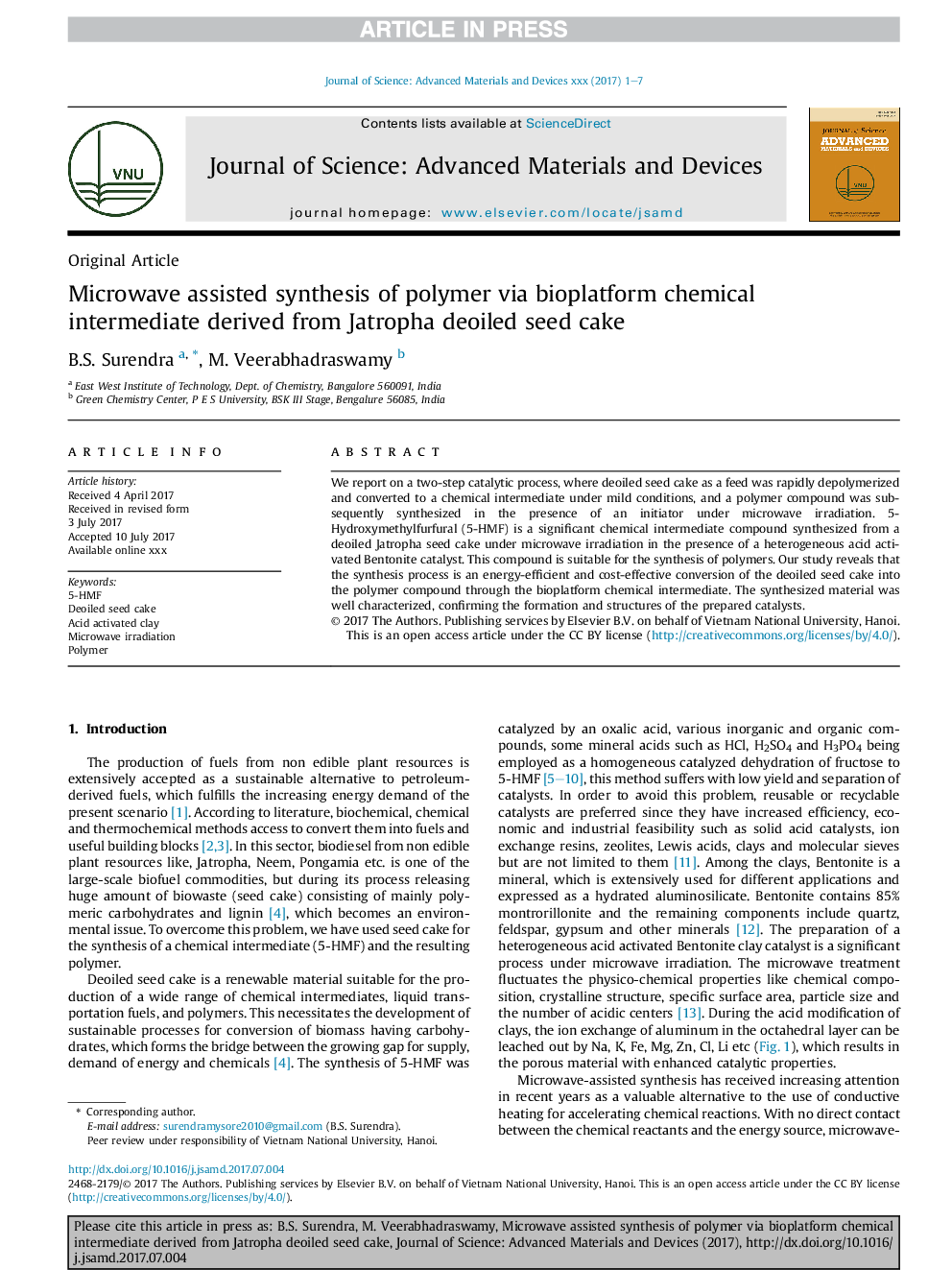 عکس صفحه اول مقاله: Microwave assisted synthesis of polymer via bioplatform chemical intermediate derived from Jatropha deoiled seed cake Microwave assisted synthesis of polymer via bioplatform chemical intermediate derived from Jatropha deoiled seed cake