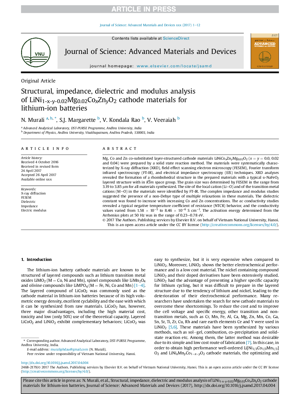 Structural, impedance, dielectric and modulus analysis ofÂ LiNi1-x-y-0.02Mg0.02CoxZnyO2 cathode materials for lithium-ionÂ batteries