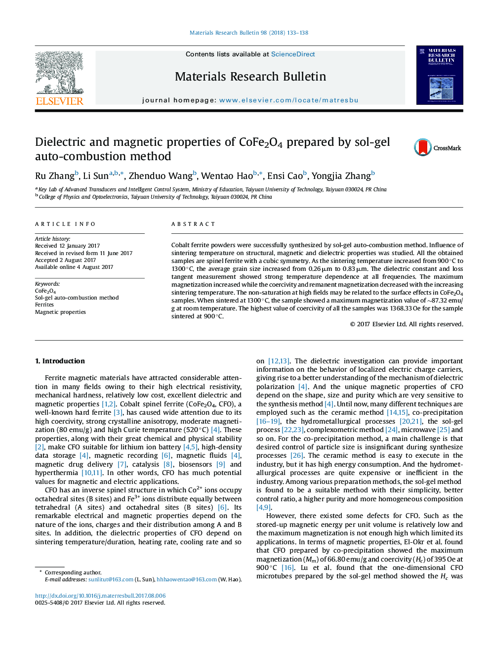 Dielectric and magnetic properties of CoFe2O4 prepared by sol-gel auto-combustion method