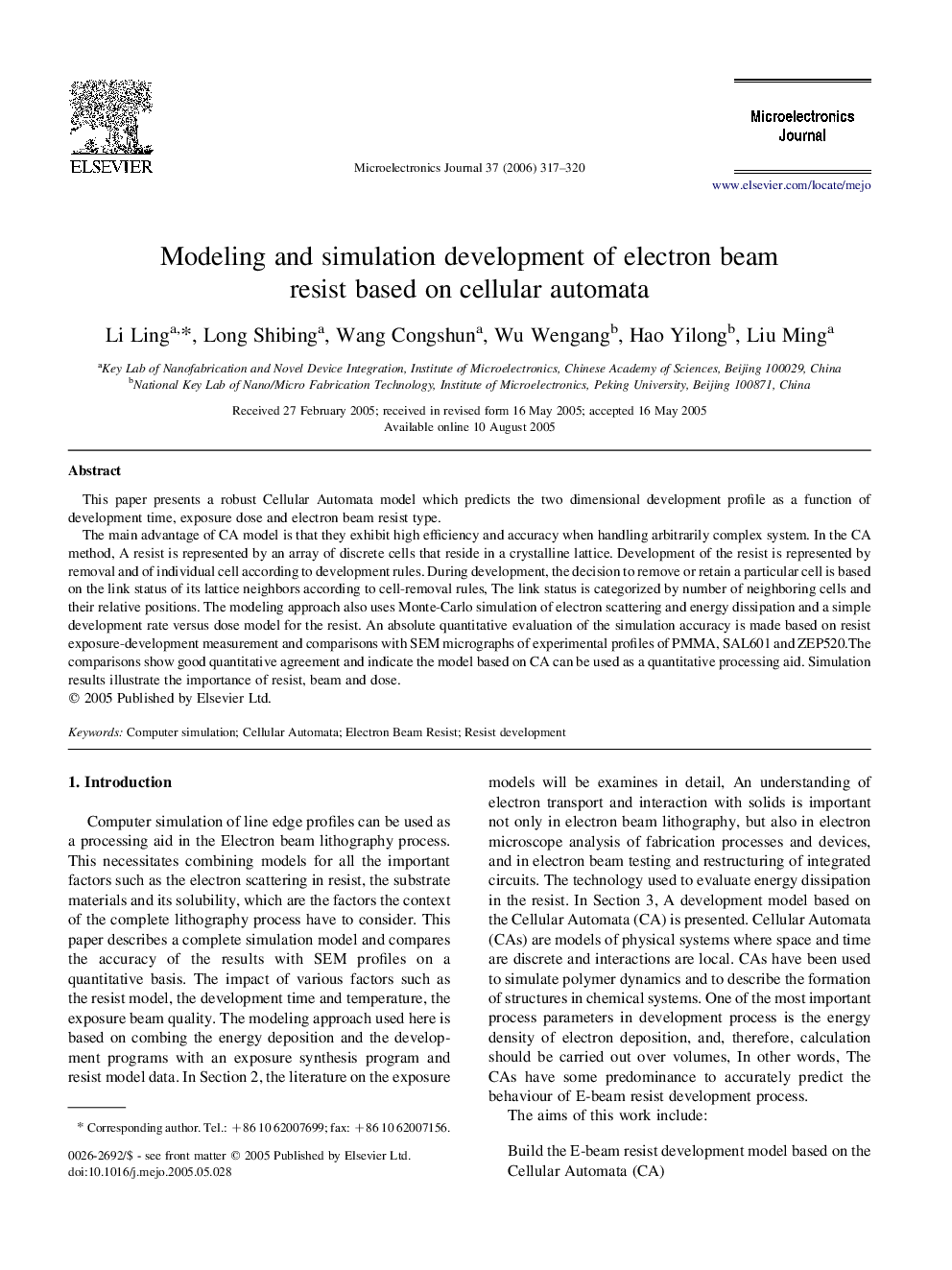 Modeling and simulation development of electron beam resist based on cellular automata