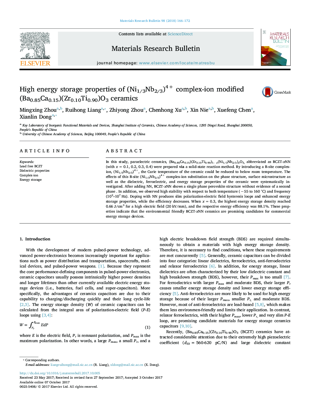 High energy storage properties of (Ni1/3Nb2/3)4+ complex-ion modified (Ba0.85Ca0.15)(Zr0.10Ti0.90)O3 ceramics