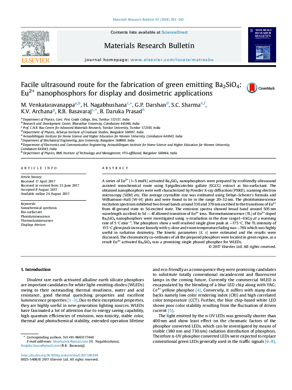 Facile ultrasound route for the fabrication of green emitting Ba2SiO4:Eu2+ nanophosphors for display and dosimetric applications