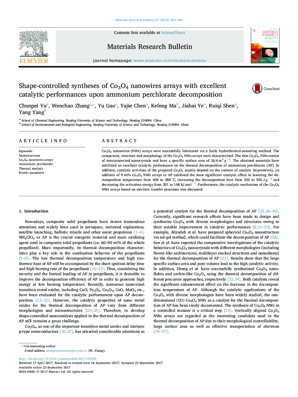 Shape-controlled syntheses of Co3O4 nanowires arrays with excellent catalytic performances upon ammonium perchlorate decomposition