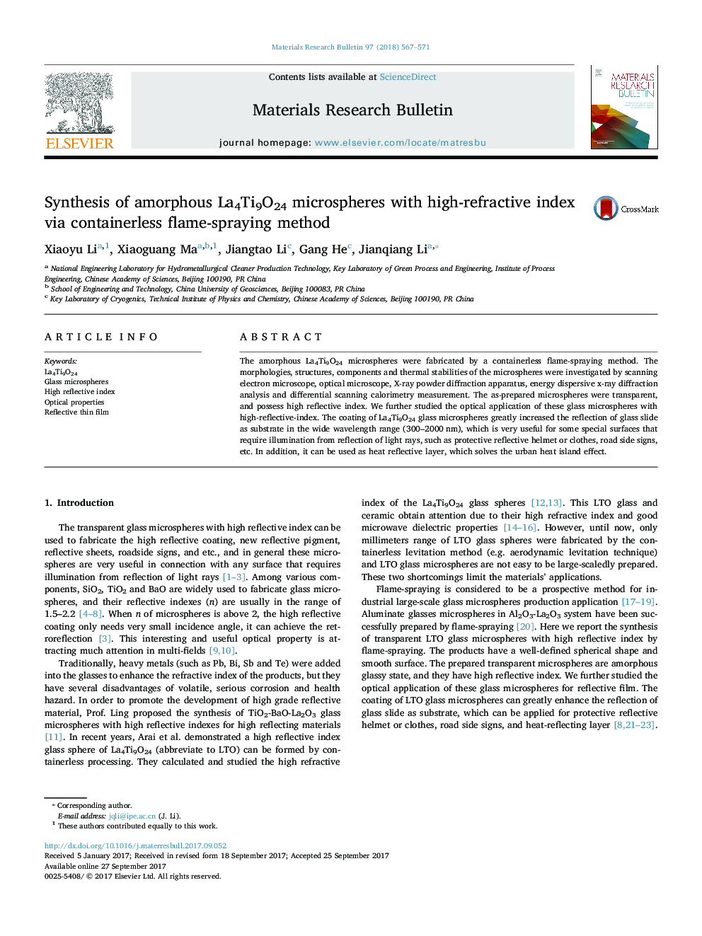 Synthesis of amorphous La4Ti9O24 microspheres with high-refractive index via containerless flame-spraying method