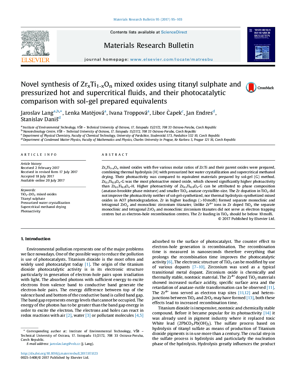 Novel synthesis of ZrxTi1-xOn mixed oxides using titanyl sulphate and pressurized hot and supercritical fluids, and their photocatalytic comparison with sol-gel prepared equivalents