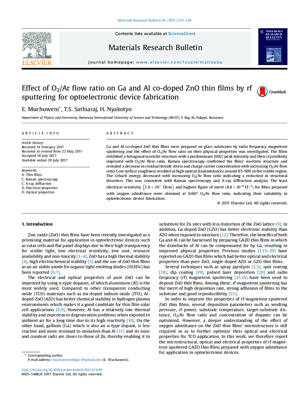 Effect of O2/Ar flow ratio on Ga and Al co-doped ZnO thin films by rf sputtering for optoelectronic device fabrication