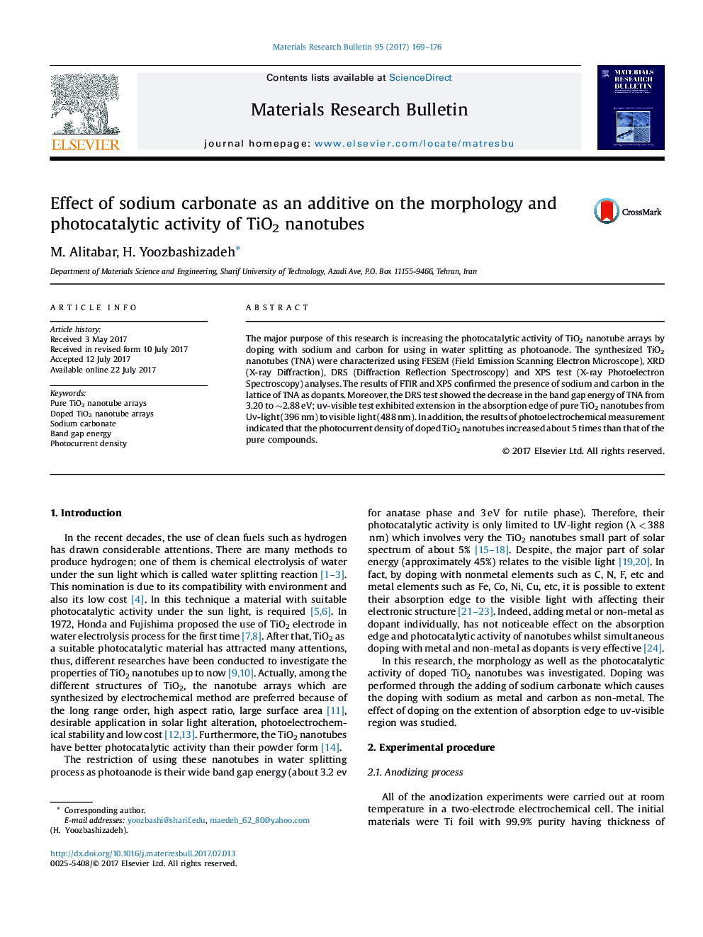 Effect of sodium carbonate as an additive on the morphology and photocatalytic activity of TiO2 nanotubes