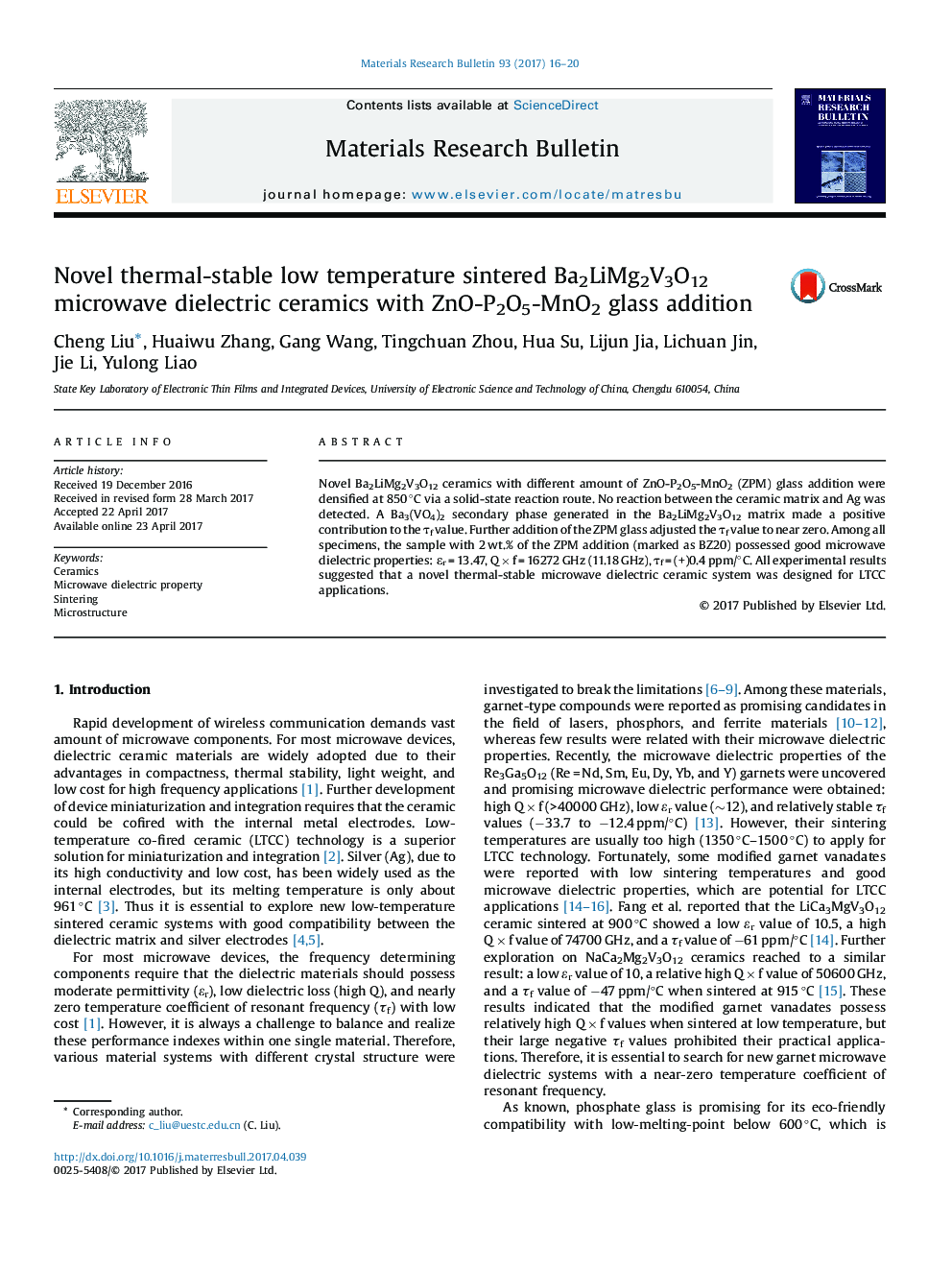 Novel thermal-stable low temperature sintered Ba2LiMg2V3O12 microwave dielectric ceramics with ZnO-P2O5-MnO2 glass addition