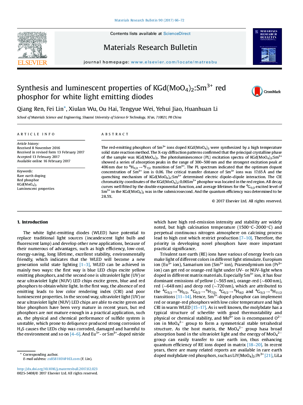 Synthesis and luminescent properties of KGd(MoO4)2:Sm3+ red phosphor for white light emitting diodes