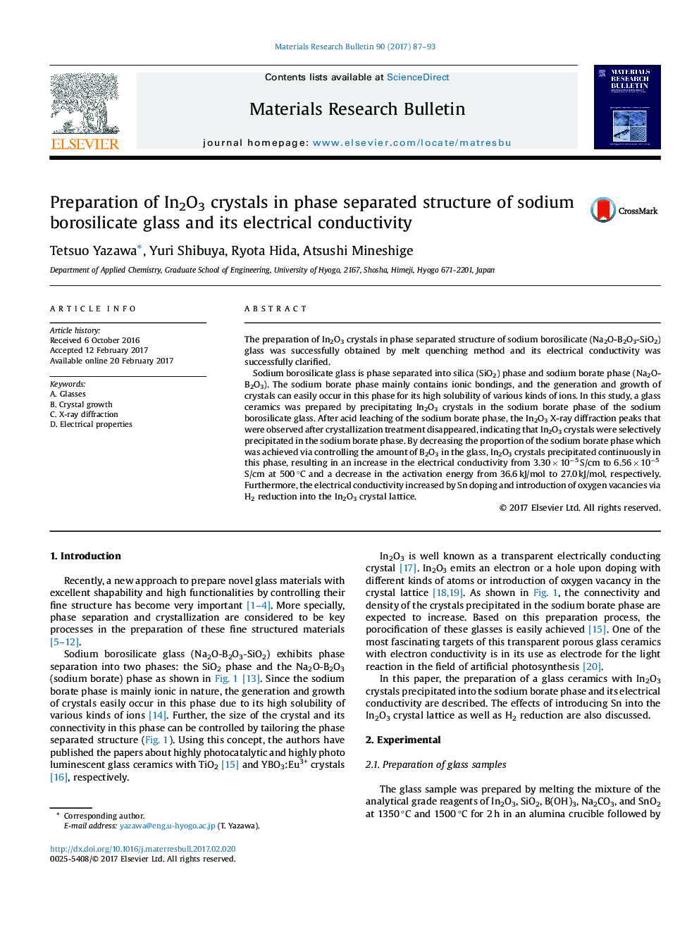 Preparation of In2O3 crystals in phase separated structure of sodium borosilicate glass and its electrical conductivity