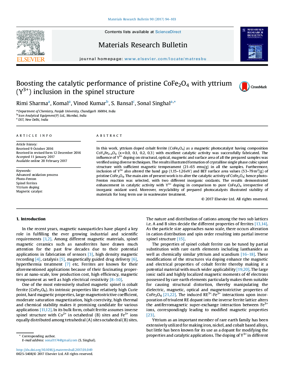 Boosting the catalytic performance of pristine CoFe2O4 with yttrium (Y3+) inclusion in the spinel structure