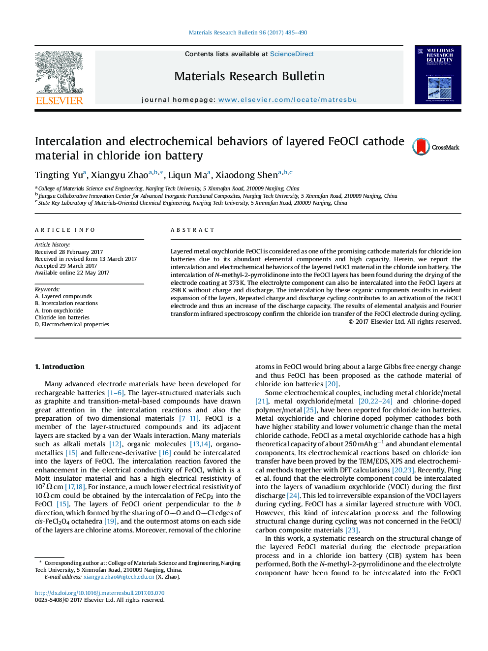 Intercalation and electrochemical behaviors of layered FeOCl cathode material in chloride ion battery